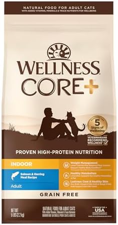Wellness CORE+ Natural Grain-Free, High Protein Adult Dry Cat Food, Salmon and Herring Meal, Indoor Recipe, 5 Pound Bag