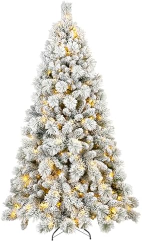 6 FT Pre-Lit Snow Flocked Slim Fir Christmas Tree with 935 PE & PVC Mixed Branch Tips,Artificial Skinny Pencil Xmas Tree with 600 Warm-White Lights & 31 Pine Cones,Hinged Pine Tree with Metal Stand