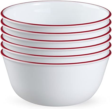 Corelle Vitrelle Glass 6-PC Bowls Set, For Soup Cereal & Dessert, Chip-Resistant & Lightweight Bowl Dinnerware Set, Red Banded 28 OZ