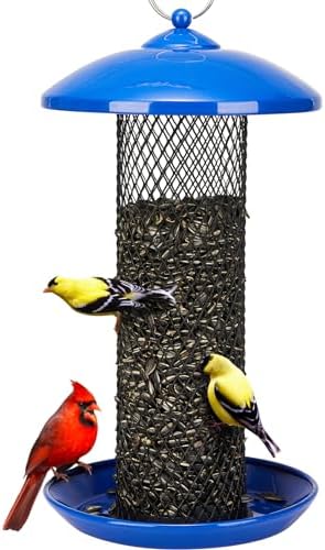 Kingsyard Mesh Tube Bird Feeders for Outdoors Hanging, All Metal, Wild Bird Feeder for Sunflower Seeds or Mealworm, Large Tray & Weatherproof Roof, 2.5 lbs Capacity (Blue)