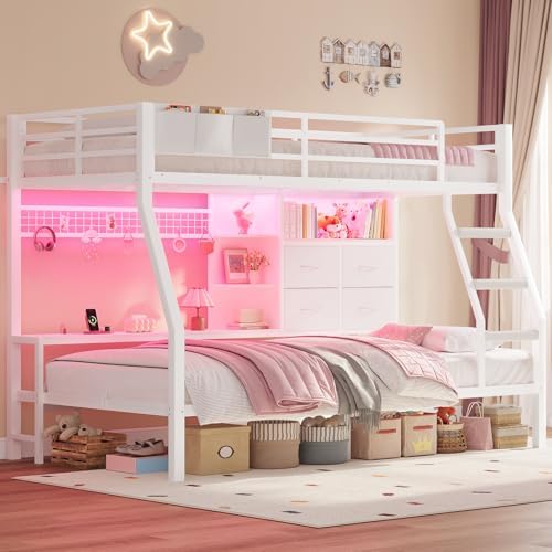 BTHFST Bunk Bed Twin Over Twin with 4 Storage Drawers & Shelves & Bedside Caddy, Twin Bunk Beds with Charging Station & Led Lights, Metal Bunk Bed with Safety Guardrail & Angled Ladder for Kids, White