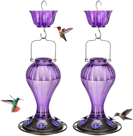 Kingsyard 2 Pack Glass Hummingbird Feeder 24 Ounces, 6 Feeding Ports, Hanging Bird Nectar Feeder for Outdoors Garden Yard Décor, Ant Moat Included, Purple