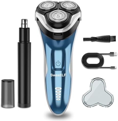 SweetLF Electric Razor for Men with Nose Trimmer, 100% Waterproof, Rechargeable Cordless Shaver, Type-C, 120Mins Runtime, Blue