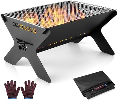Odoland Camping Campfire Grill, Portable Folding Charcoal Grills, Backpacking BBQ Grill, Heavy Duty Firepit Grill with Carry Bag for Outdoor Cooking, Bonfire, Patio, Backyard