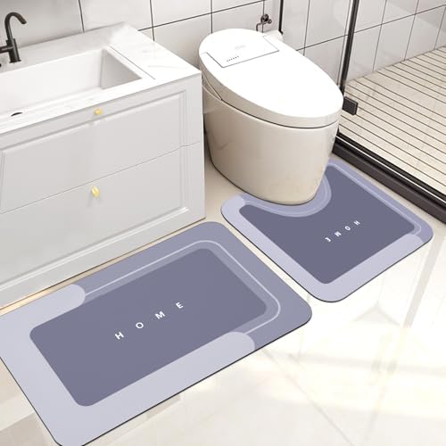Housego 2PCS Absorbent Bath Mat Magic Rug Sets, Quick Drying Bath Mat Non-Slip Floor Rug Rubber Backed for Bathroom Kitchen Shower Sink, Water Absorbent (19.7''x23.6''+19.7''x31.9'', Blue)