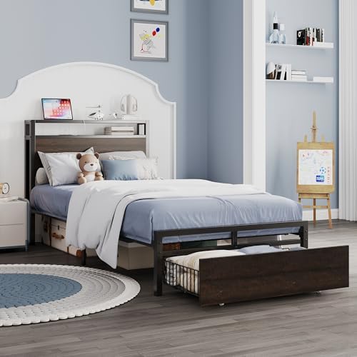 LIKIMIO Twin XL Bed Frames with Drawer, Storage Headboard with Outlets, No Box Spring Needed, Easy Assembly, Dark Brown