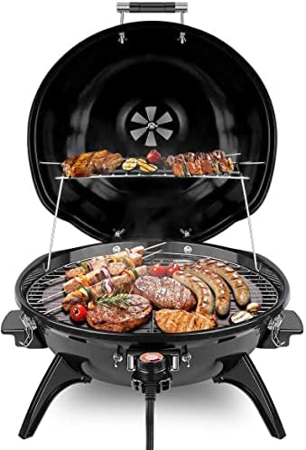 Electric BBQ Grill Techwood 15-Serving Outdoor Electric Grill for Party, Patio & Backyard, Double Layer Design, Portable Removable Stand Grill, 1600W (Countertop Black BBQ Grill)