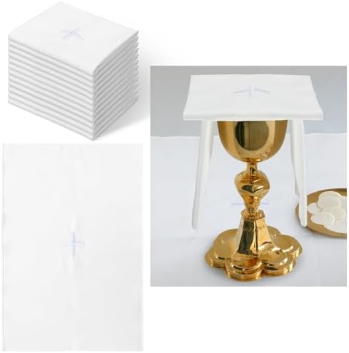 12 Pack of Embroidered Cotton and Linen Purificator with Silver Cross Center Embroidered Purificators for Catholic Mass Church Altar Cotton and Linen Towel Catholic Communion Supplies, 12 x 18 Inch