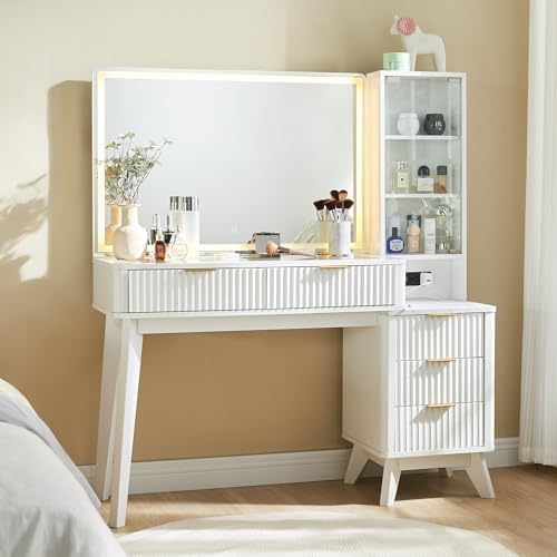 T4TREAM 48" Fluted Makeup Vanity Desk with Large 36" Mirror and Lights, Modern Glass Top Big Vanity Table with 5 Drawers & Adjustable Shelves, Dressing Table Set w/Charging Station for Bedroom, White