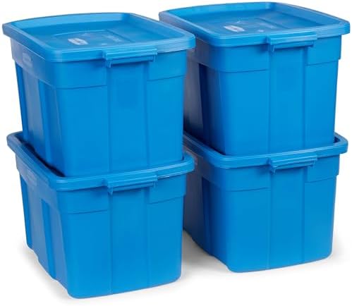 Rubbermaid Roughneck Tote 25 Gal, 4 Pack, Made in USA, Heritage Blue, Rugged Plastic Stackable Storage Bins with Lids and Handles