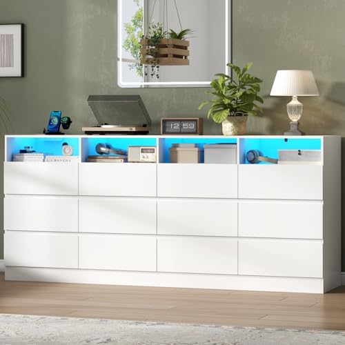 Loomie 12-Cell Divided Drawers White Dresser with Charging Station & Led Lights for Bedroom, Long 63" Wide Dresser TV Stand for TVs up to 75", Large Dressers Organizer with 4 Open Cubbies