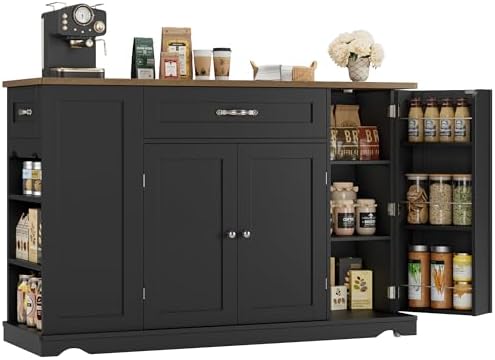HOSTACK Kitchen Island Cart with Storage, 47'' Kitchen Storage Island on Wheels with 2 Drawers, Rolling Island Table with Adjustable Shelves, Mobile Buffet Sideboard Cabinet for Dining Room, Black