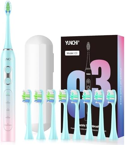 YUNCHI Electric Toothbrush for Adults and Kids, Rechargeable Battery Toothbrush, 8 Brush Heads, 5 Modes, 44000 VPM Motor-2 Min Smart Timer, IPX7 Waterproof, Travel Case, 55 Days-Pink & Blue Gradient