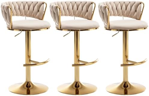 Velvet Bar Stools Set of 3, Counter Height Barstools with Low Back, Gold Swivel Bar Stool for Kitchen Island, Pub (Beige)