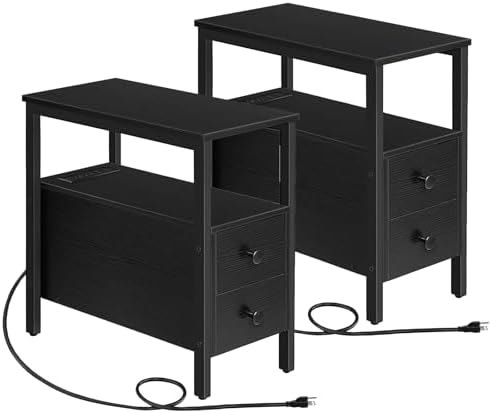 HOOBRO Set of 2 End Tables with Charging Station, Narrow Side Table with Drawers & USB Port & Power Outlets, Nightstand for Small Spaces, Living Room, Stable and Sturdy, Black BK541BZP201