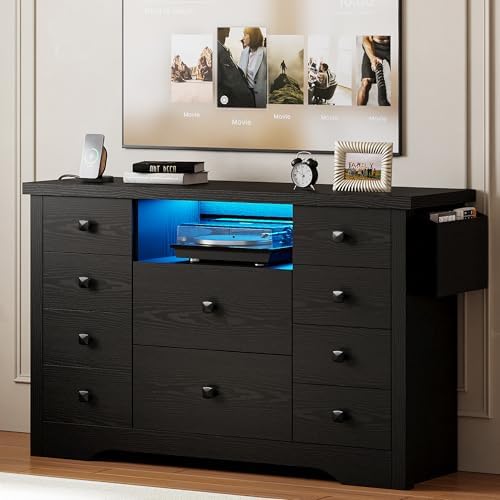 LIKIMIO Dresser with 10 Drawers, Bedroom Wooden Chest of Drawers with LED Lights and Power Outlets, Fabric Side Pocket, TV Stand for Living Room, Black