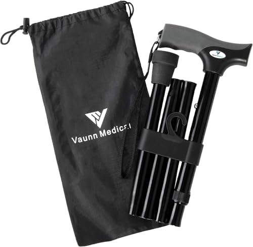 FSA/HSA Eligible, Vaunn Medical Easy Grip Height Adjustable Folding Cane/Walking Stick with Strap/Pouch- Compact, Portable, and Safe Walking Assistant- Non-Slip Grip Handle- Men, Women, Elderly