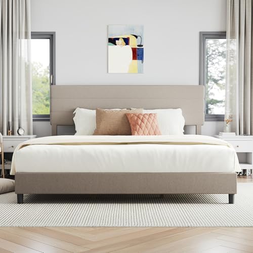 Novilla King Bed Frame and Headboard, King Bed Frame, Linen Upholstered Stripe Bed Frames, No Box Spring Needed, Heavy Duty Feet, Easy Assembly, Beige