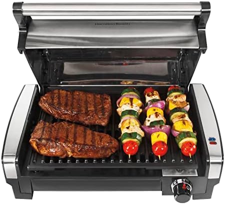 Hamilton Beach Electric Indoor Searing Grill with Adjustable Temperature Control to 450F, 118 sq. in. Surface Serves 6, PFAS-Free Removable Nonstick Grate, Stainless Steel (25360)