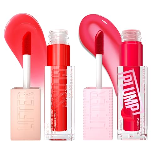 Maybelline Lifter Gloss and Lifter Plump Bundle, Hydrating, Pumping Lip Gloss in Shades Sweetheart and Red Flag, Pack of 2