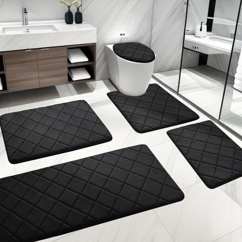 YIHOUSE Bathroom Rug Set 5 Piece, Soft Non Slip Memory Foam Bathroom Rugs, Machine Wash Bath Room Mat Set, Water Absorbent Bath Rugs for Toilet and Floor (Black)
