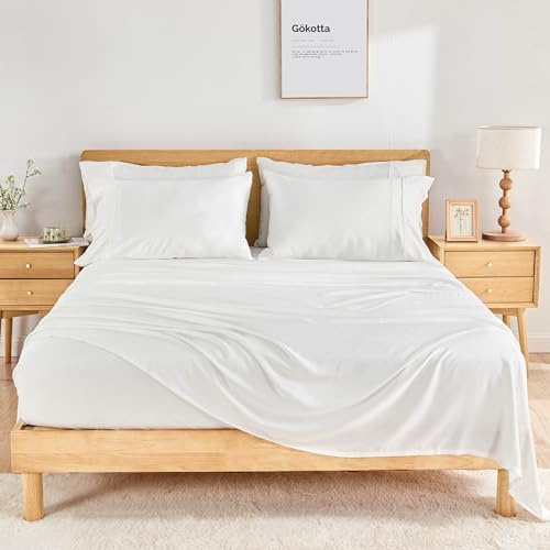 GOKOTTA King Size Bed Sheets 6 Piece Set, 100% Rayon Derived from Bamboo, Cooling for Hot Sleepers-Luxury Breathable Soft Sheets, Deep Pocket 16" Fitted Sheet with Elastic Corner Straps, Bright White