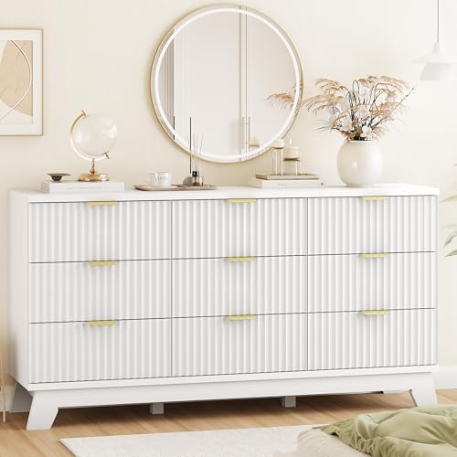 Fluted Dresser for Bedroom with 9 Drawers, 57" Wide Modern Chest of Drawers with Metal Handle, Wooden Dresser TV Stand, Wood Closet Clothes Storage Organizer for Living Room, Hallway, White