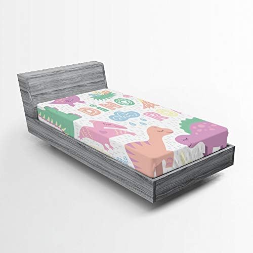 Ambesonne Dino 2 Pack Fitted Sheet, T-Rex Theme Art, Bed Cover All-Round Elastic Deep Pockets 2 Pieces, Package Contains 2 Twin XL Size Fitted Sheets, Pink Blue