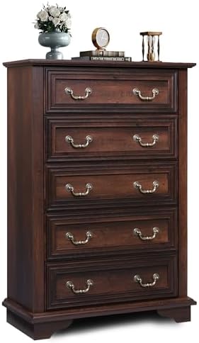 WLIVE Farmhouse Dresser for Bedroom, Tall Wood Dresser with 5 Drawer, Chest of Drawers with Roman Metal Handle for Living Room, Hallway, Closet, Brown