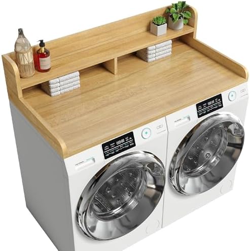 Washer Dryer Countertop with 2-Tier Shelf, 54" W x 27.55" D Laundry Countertop with 2.75" H Guard Edge Rails, Wood Topper with Non-Slip Pad (Pure Wood Color)