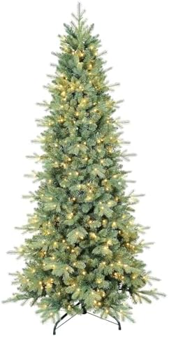 7.5 FT Prelit Artificial Skinny Christmas Tree,Blue Spruce Slim Pencil Xmas Tree with 1755 PE&PVC Mixed Branch Tips,450 UL Listed Clear Lights,Hinged Pine Tree with Metal Stand for Home Office Décor