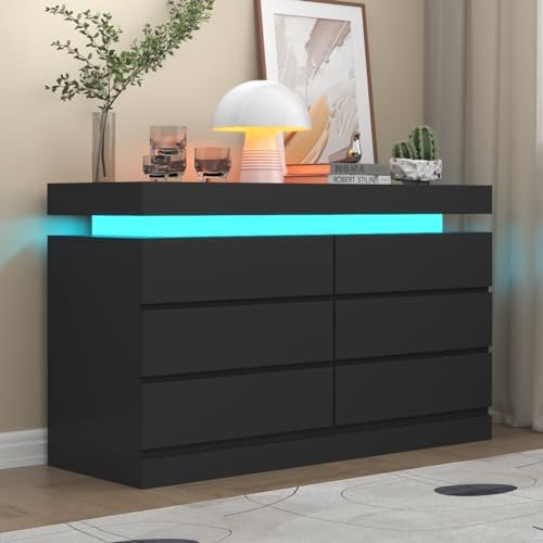 6 Drawer Dresser with Power Outlet, Dresser with LED Light, Modern Chest of Drawers for Closet, Double Wide Drawer Organizer Cabinet for Bedroom, Living Room (Black, 6 Drawers)