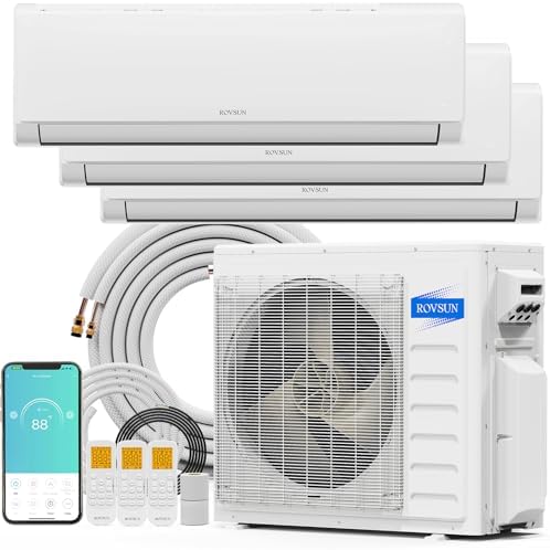 ROVSUN 28000 BTU Tri Zone WIFI Mini Split AC/Heating System, 20 SEER2 3 Zone 9000 + 9000 + 9000 BTU Ductless Split Air Conditioner with Pre-Charged Condenser, Heat Pump & 25Ft Line Set, 208-230V