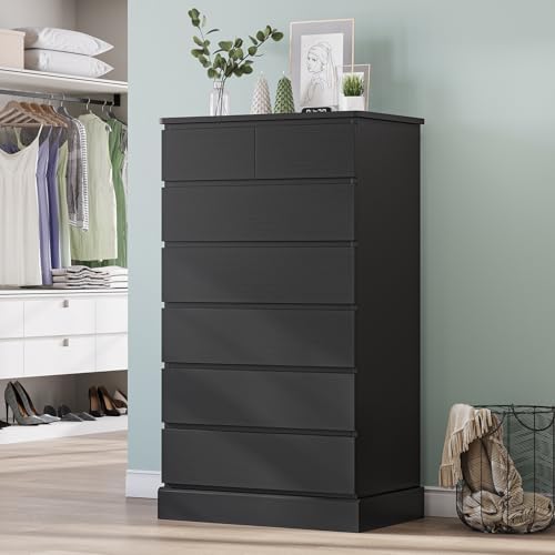 DICTAC Black Tall Dresser for Bedroom with 7 Drawers, 51.8" Tall Dressers & Chests of Drawers, Modern Wood Closet Organizer and Storage Cabinet, Large Vertical Dresser for Bedroom, Closet, Hallway