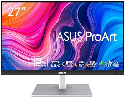 ASUS ProArt Display 27" Monitor - WQHD (2560 x 1440), IPS, 100% sRGB, 100% Rec. 709, ΔE < 2, Calman Verified, USB Hub, USB-C, Daisy-chaining, HDMI, Compatible With Laptop & Mac Monitor - PA278CV