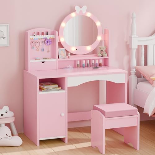 MU Kids Vanity Table and Chair Set – Princess Girls Vanity Set with Mirror, Lights, Jewelry Storage, and Cushioned Stool, Toddler Makeup Vanity for Little Girls (Pink)
