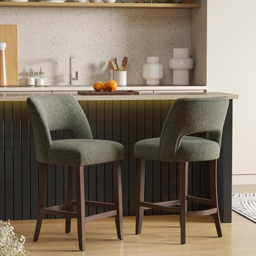 VKNOW Bar Stools Set of 2, Upholstered Counter Height Bar Stools, Modern Counter Stools with Wood Legs for Kitchen Island Dining Room Bar, Green