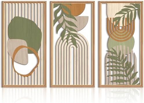 IARTTOP Large Boho Wood Wall Art Framed Mid-century Modern Wooden Wall Decor Set of 3 Green Bohemian Abstract Wall Art Decor For Bedroom Living Room Office-16 x32