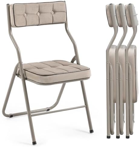 HOMEFUN Padded Folding Chairs 4 Pack - Foldable Dining Chair with Cushion, Portable and Assembled Extra Seat for Guests Kitchen Office Wedding Party Khaki