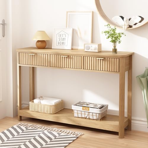 Fluted Console Table with Drawers, Modern 47.1" Entryway Table with Storage Shelf, Boho Narrow Skinny Behind Couch Wood Sofa Table for Living Room Hallway Entrance Foyer, Natural