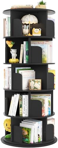 Aheaplus Rotating Bookshelf, 360 Display Wood Spinning Bookshelf Tower, 5 Tier Floor Standing Bookcase Storage Rack, Revolving Bookcase Corner Bookshelf for Small Space, Bedroom, Study Room, Black