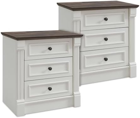 26" Tall Farmhouse Nightstand Set of 2, 3 Drawers End Table w/Charging Station, 23.6" Wide Large Side Table w/Roman Column, Wood Rustic Sofa Table for Bedroom, White