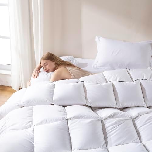 DOWNCOOL Feather Comforter Oversized Queen, 100% Cotton White Duvet Insert, All Season Ultra Soft Hotel Collection Bedding Comforters with Corner Tabs, Oversized Queen Size 98 x 98 Inch