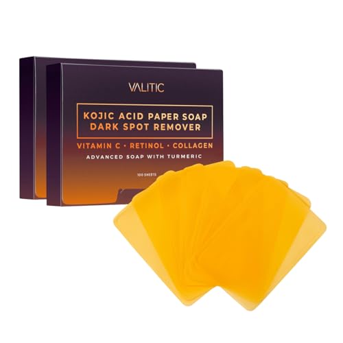 VALITIC Turmeric Kojic Acid Cleansing Soap Melting Sheets - Dark Spot Corrector Paper Soap - 100 Travel Size Facial Exfoliating Sheets With Vitamin C, Retinol, Collagen - 2 Pack