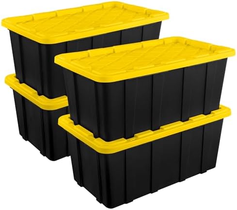 Sterilite 4-Pack Industrial Tote, Plastic Storage Container Bins with Lids, 38 Gallon - Heavy-Duty Organizing Containers for Closet, Bathroom, and Office