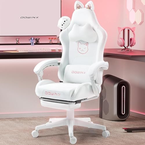 Dowinx Gaming Chair Cute with Cat Ears and Massage Lumbar Support, Ergonomic Computer Chair for Girl with Footrest and Headrest, Comfortable Reclining Game Chair 290lbs for Adult, Teen, White