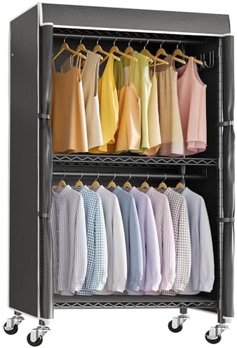 VIPEK R2C Medium Heavy Duty Clothes Rack Rolling Garment Rack with Cover Adjustable Clothing Rack for Hanging Clothes Portable Closets with Double Rods, Black Rack with Black Upgarded Polyester Cover