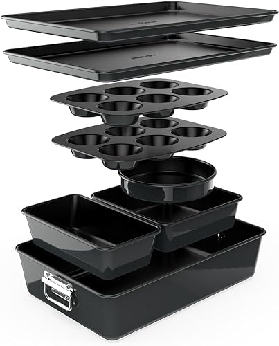 NutriChef 8-Piece Stackable Nonstick Bakeware Set - Premium Steel Baking Tray Set - Includes Round Cake Pan, 6-Cup Muffin Pans, Wide/Square Brownie & Loaf Pans, Cookie Sheet, & Roaster Pan (Black)