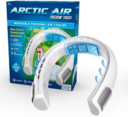 Arctic Air Freedom Touch Personal Neck Fan, 3-Speed Rechargeable Cooling Device, Long-lasting, Lightweight Portable Neck Cooler, Flexible Band & Thermo-Electric Cooling Plate for Hot Weather