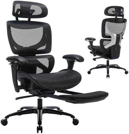 COLAMY Ergonomic Mesh Office Chair with Footrest, Executive High Back Computer Desk Chair with Wide Headrest and Adjustable 3D Arms, Backrest Height, Tilt Lock and Lumbar Support, Black